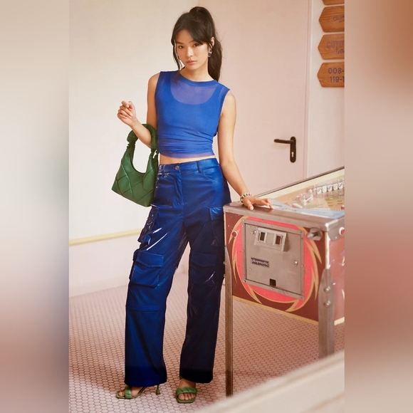 💖💖 NWT Anthro Women's Metallic Colbalt Blue Cargo Pants Size 14 - Picture 4 of 8